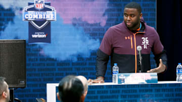 INDIANAPOLIS, IN - FEBRUARY 28: Offensive lineman Greg Little of Ole Miss speaks to the media during day one of interviews at the NFL Combine at Lucas Oil Stadium on February 28, 2019 in Indianapolis, Indiana. (Photo by Joe Robbins/Getty Images)