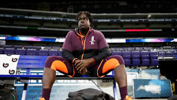 INDIANAPOLIS, IN - MARCH 01: Offensive lineman Yodny Cajuste of West Virginia looks on during day two of the NFL Combine at Lucas Oil Stadium on March 1, 2019 in Indianapolis, Indiana. (Photo by Joe Robbins/Getty Images)