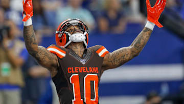 INDIANAPOLIS, IN - AUGUST 17: Wide receiver Jaelen Strong #10 of the Cleveland Browns celebrates a touchdown during the game against the Indianapolis Colts at Lucas Oil Stadium on August 17, 2019 in Indianapolis, Indiana. (Photo by Michael Hickey/Getty Images)