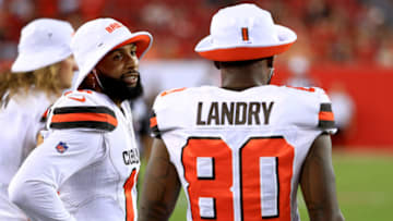 TAMPA, FLORIDA - AUGUST 23: Odell Beckham #13 and Jarvis Landry #80 of the Cleveland Browns talk during a preseason game against the Tampa Bay Buccaneers at Raymond James Stadium on August 23, 2019 in Tampa, Florida. (Photo by Mike Ehrmann/Getty Images)