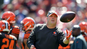 CLEVELAND, OHIO - SEPTEMBER 08: Head coach Freddie Kitchens of the Cleveland Browns grabs the football before the start of the game against the Tennessee Titans at FirstEnergy Stadium on September 08, 2019 in Cleveland, Ohio. (Photo by Jason Miller/Getty Images)