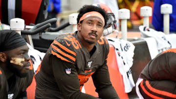 CLEVELAND, OHIO - SEPTEMBER 08: Defensive end Myles Garrett #95 of the Cleveland Browns watches the final minutes against the Tennessee Titans from the bench at FirstEnergy Stadium on September 08, 2019 in Cleveland, Ohio. The Titans defeated the Browns 43-13. (Photo by Jason Miller/Getty Images)