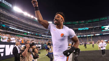 EAST RUTHERFORD, NEW JERSEY - SEPTEMBER 16: Myles Garrett #95 of the Cleveland Browns runs off the field after defeating the New York Jets at MetLife Stadium on September 16, 2019 in East Rutherford, New Jersey. The Browns defeated the Jets 23-3. (Photo by Mike Lawrie/Getty Images)