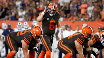 CLEVELAND, OHIO - SEPTEMBER 22: Quarterback Baker Mayfield #6 of the Cleveland Browns call out a play at the line of scrimmage while playing in the second quarter against the Los Angeles Rams at FirstEnergy Stadium on September 22, 2019 in Cleveland, Ohio. (Photo by Gregory Shamus/Getty Images)