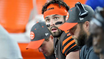 CLEVELAND, OHIO - SEPTEMBER 22: Quarterback Baker Mayfield #6 of the Cleveland Browns looks to the scoreboard while on the bench during the third quarter against the Los Angeles Rams at FirstEnergy Stadium on September 22, 2019 in Cleveland, Ohio. The Rams defeated the Browns 20-13. (Photo by Jason Miller/Getty Images)