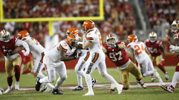 SANTA CLARA, CA - OCTOBER 7: Nick Bosa #97 of the San Francisco 49ers pressures Baker Mayfield #6 of the Cleveland Browns during the game at Levi's Stadium on October 7, 2019 in Santa Clara, California. The 49ers defeated the Rams 31-3. (Photo by Michael Zagaris/San Francisco 49ers/Getty Images)