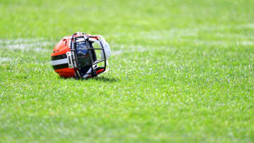 BEREA, OHIO - AUGUST 29: A Cleveland Browns helmet sits on the turf during training camp at the Browns training facility on August 29, 2020 in Berea, Ohio. (Photo by Jason Miller/Getty Images)