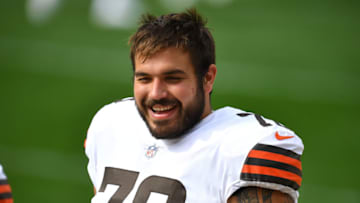 PITTSBURGH, PA - OCTOBER 18: Jack Conklin #78 of the Cleveland Browns looks on during the game against the Pittsburgh Steelers at Heinz Field on October 18, 2020 in Pittsburgh, Pennsylvania. (Photo by Joe Sargent/Getty Images)