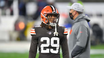 CLEVELAND, OHIO - DECEMBER 14: Strong safety Sheldrick Redwine #29 of the Cleveland Browns warms up prior to the game against the Baltimore Ravens at FirstEnergy Stadium on December 14, 2020 in Cleveland, Ohio. (Photo by Jason Miller/Getty Images)
