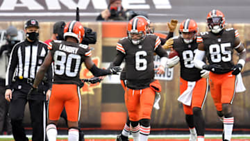 CLEVELAND, OHIO - JANUARY 03: Baker Mayfield #6 of the Cleveland Browns celebrates with Jarvis Landry #80 after a touchdown against the Pittsburgh Steelers in the third quarter at FirstEnergy Stadium on January 03, 2021 in Cleveland, Ohio. (Photo by Jason Miller/Getty Images)