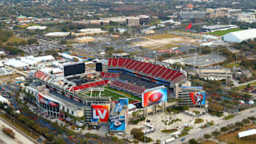 TAMPA, FLORIDA - JANUARY 31: An aerial view of Raymond James Stadium ahead of Super Bowl LV on January 31, 2021 in Tampa, Florida. (Photo by Mike Ehrmann/Getty Images)