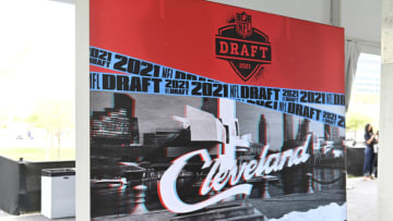CLEVELAND, OHIO - APRIL 28: A sign for the NFL Draft 2021 is on display inside the NFL Locker Room at the NFL Draft Experience on April 28, 2021 in Cleveland, Ohio. (Photo by Duane Prokop/Getty Images)