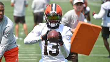 BEREA, OHIO - JULY 28: Wide receiver Odell Beckham Jr. #13 of the Cleveland Browns runs a drill during the first day of Cleveland Browns Training Camp on July 28, 2021 in Berea, Ohio. (Photo by Jason Miller/Getty Images)