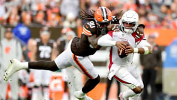 CLEVELAND, OHIO - OCTOBER 17: Jadeveon Clowney #90 of the Cleveland Browns tackles Kyler Murray #1 of the Arizona Cardinals during the second quarter at FirstEnergy Stadium on October 17, 2021 in Cleveland, Ohio. (Photo by Emilee Chinn/Getty Images)