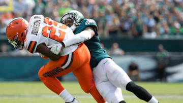 PHILADELPHIA, PA - SEPTEMBER 11: Rodney McLeod #23 of the Philadelphia Eagles tackles Duke Johnson #29 of the Cleveland Browns at Lincoln Financial Field on September 11, 2016 in Philadelphia, Pennsylvania. The Eagles defeated the Browns 29-10. (Photo by Mitchell Leff/Getty Images)