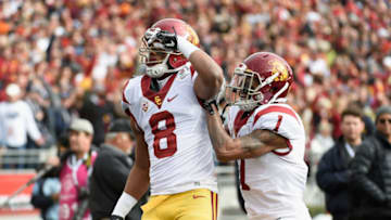 PASADENA, CA - JANUARY 02: Defensive back Iman Marshall #8 of the USC Trojans celebrates with defensive back Jack Jones #1 after intercepting a pass during the first quarter against the Penn State Nittany Lions during the 2017 Rose Bowl Game presented by Northwestern Mutual at the Rose Bowl on January 2, 2017 in Pasadena, California. (Photo by Kevork Djansezian/Getty Images)