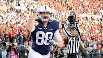 PASADENA, CA - JANUARY 02: Tight end Mike Gesicki #88 of the Penn State Nittany Lions celebrates after making an 11-yard touchdown reception in the second quarter against the USC Trojans during the 2017 Rose Bowl Game presented by Northwestern Mutual at the Rose Bowl on January 2, 2017 in Pasadena, California. (Photo by Kevork Djansezian/Getty Images)