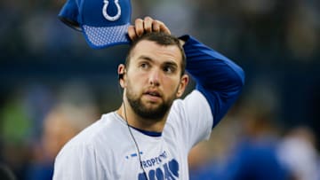 SEATTLE, WA - OCTOBER 01: Quarterback Andrew Luck #12 of the Indianapolis Colts walks on the sidelines in the second quarter of the game against the Seattle Seahawks at CenturyLink Field on October 1, 2017 in Seattle, Washington. (Photo by Jonathan Ferrey/Getty Images)