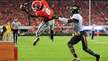 ATHENS, GA - OCTOBER 14: Riley Ridley #8 of the Georgia Bulldogs makes a catch for a 1st quarter touchdown against Anthony Hines #1 of the Missouri Tigers at Sanford Stadium on October 14, 2017 in Athens, Georgia. (Photo by Scott Cunningham/Getty Images)
