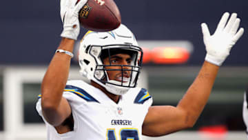 FOXBORO, MA - OCTOBER 29: Tyrell Williams #16 of the Los Angeles Chargers reacts after catching a pass during the third quarter of a game against the New England Patriots at Gillette Stadium on October 29, 2017 in Foxboro, Massachusetts. (Photo by Jim Rogash/Getty Images)