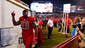 TAMPA, FL - OCTOBER 5: Defensive tackle Gerald McCoy #93 of the Tampa Bay Buccaneers exits the field after a loss to the New England Patriots on October 5, 2017 at Raymond James Stadium in Tampa, Florida. (Photo by Julio Aguilar/Getty Images)