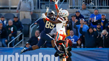 PITTSBURGH, PA - NOVEMBER 24: Sheldrick Redwine #22 of the Miami Hurricanes knocks down a pass intended for Jester Weah #85 of the Pittsburgh Panthers on November 24, 2017 at Heinz Field in Pittsburgh, Pennsylvania. (Photo by Justin K. Aller/Getty Images)