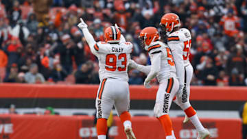 CLEVELAND, OH - DECEMBER 17: Trevon Coley #93 of the Cleveland Browns celebrates a sack against the Baltimore Ravens in the fourth quarter at FirstEnergy Stadium on December 17, 2017 in Cleveland, Ohio. (Photo by Kirk Irwin/Getty Images)