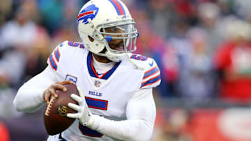 FOXBORO, MA - DECEMBER 24: Tyrod Taylor #5 of the Buffalo Bills looks for a pass during the first half against the New England Patriots at Gillette Stadium on December 24, 2017 in Foxboro, Massachusetts. (Photo by Maddie Meyer/Getty Images)