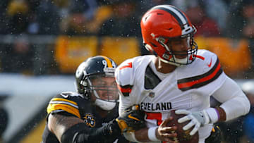 PITTSBURGH, PA - DECEMBER 31: DeShone Kizer #7 of the Cleveland Browns is sacked by Tyson Alualu #94 of the Pittsburgh Steelers in the first quarter during the game at Heinz Field on December 31, 2017 in Pittsburgh, Pennsylvania. (Photo by Justin K. Aller/Getty Images)