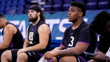 INDIANAPOLIS, IN - MARCH 02: Oklahoma offensive lineman Orlando Brown (R) and Arizona State offensive lineman Sam Jone look on during the 2018 NFL Combine at Lucas Oil Stadium on March 2, 2018 in Indianapolis, Indiana. (Photo by Joe Robbins/Getty Images)