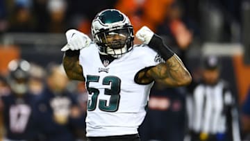 CHICAGO, ILLINOIS - JANUARY 06: Nigel Bradham #53 of the Philadelphia Eagles reacts against the Chicago Bears in the second quarter of the NFC Wild Card Playoff game at Soldier Field on January 06, 2019 in Chicago, Illinois. (Photo by Stacy Revere/Getty Images)