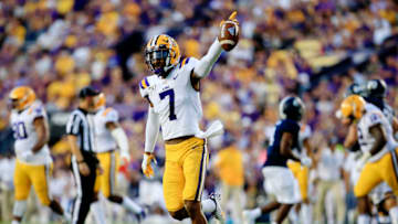 BATON ROUGE, LOUISIANA - AUGUST 31: Safety Grant Delpit #7 of the LSU Tigers reacts during the game against Georgia Southern Eagles at Tiger Stadium on August 31, 2019 in Baton Rouge, Louisiana. (Photo by Marianna Massey/Getty Images)