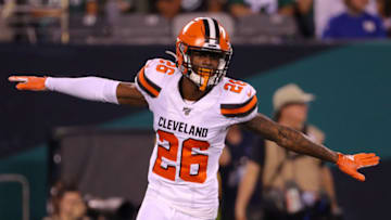 EAST RUTHERFORD, NEW JERSEY - SEPTEMBER 16: Greedy Williams #26 of the Cleveland Browns reacts after breaking up a pass in the second quarter against the New York Jets at MetLife Stadium on September 16, 2019 in East Rutherford, New Jersey. (Photo by Mike Lawrie/Getty Images)