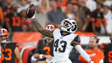CLEVELAND, OHIO - SEPTEMBER 22: John Johnson #43 of the Los Angeles Rams celebrates his fourth quarter interception to seal a 20-13 win at FirstEnergy Stadium on September 22, 2019 in Cleveland, Ohio. (Photo by Gregory Shamus/Getty Images)