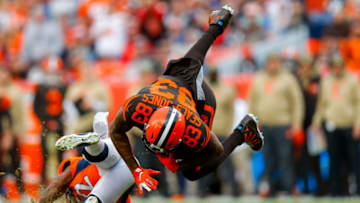 DENVER, CO - NOVEMBER 3: Tight end Ricky Seals-Jones #83 of the Cleveland Browns is tackled by cornerback Kareem Jackson #22 of the Denver Broncos during the second quarter at Broncos Stadium at Mile High on November 3, 2019 in Denver, Colorado. (Photo by Justin Edmonds/Getty Images)