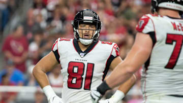 GLENDALE, ARIZONA - OCTOBER 13: Austin Hooper #81 of the Atlanta Falcons reacts during the NFL game against the Arizona Cardinals at State Farm Stadium on October 13, 2019 in Glendale, Arizona. The Cardinals defeated the Falcons 34-33. (Photo by Jennifer Stewart/Getty Images)
