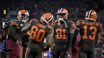 CLEVELAND, OHIO - NOVEMBER 14: Quarterback Baker Mayfield #6 wide receiver Jarvis Landry #80 wide receiver Rashard Higgins #81 and wide receiver Odell Beckham #13 of the Cleveland Browns celebrate after Landry caught a touchdown pass from Mayfield during the second half against the Pittsburgh Steelers at FirstEnergy Stadium on November 14, 2019 in Cleveland, Ohio. (Photo by Jason Miller/Getty Images)