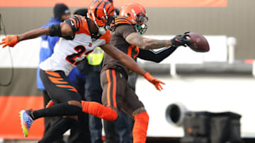 CLEVELAND, OHIO - DECEMBER 08: Odell Beckham #13 of the Cleveland Browns can't pull in a first half pass prior to going out of bounds next to William Jackson #22 of the Cincinnati Bengals at FirstEnergy Stadium on December 08, 2019 in Cleveland, Ohio. (Photo by Gregory Shamus/Getty Images)