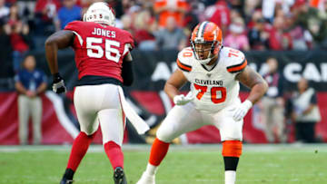 GLENDALE, ARIZONA - DECEMBER 15: Offensive lineman Kendall Lamm #70 of the Cleveland Browns during the first half of the NFL football game against the Arizona Cardinals at State Farm Stadium on December 15, 2019 in Glendale, Arizona. (Photo by Ralph Freso/Getty Images)