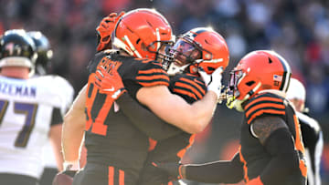 CLEVELAND, OHIO - DECEMBER 22: Porter Gustin #97 of the Cleveland Browns celebrates recovering a fumble against the Baltimore Ravens during the first half in the game at FirstEnergy Stadium on December 22, 2019 in Cleveland, Ohio. (Photo by Jason Miller/Getty Images)