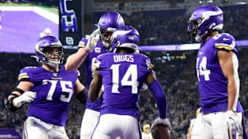 MINNEAPOLIS, MINNESOTA - DECEMBER 23: Wide receiver Stefon Diggs #14 of the Minnesota Vikings and teammates celebrate after his touchdown in the second quarter of the game against the Green Bay Packers at U.S. Bank Stadium on December 23, 2019 in Minneapolis, Minnesota. (Photo by Hannah Foslien/Getty Images)
