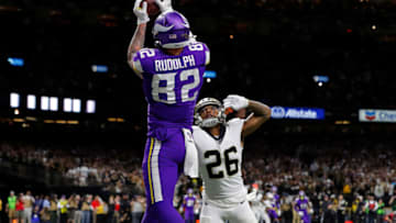 NEW ORLEANS, LOUISIANA - JANUARY 05: Kyle Rudolph #82 of the Minnesota Vikings makes the game-winning touchdown reception against P.J. Williams #26 of the New Orleans Saints during overtime in the NFC Wild Card Playoff game at Mercedes Benz Superdome on January 05, 2020 in New Orleans, Louisiana. (Photo by Kevin C. Cox/Getty Images)