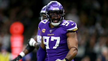 NEW ORLEANS, LOUISIANA - JANUARY 05: Everson Griffen #97 of the Minnesota Vikings reacts during the NFC Wild Card Playoff game against the New Orleans Saints at Mercedes Benz Superdome on January 05, 2020 in New Orleans, Louisiana. (Photo by Sean Gardner/Getty Images)