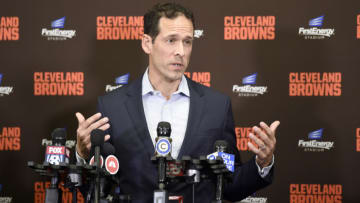 CLEVELAND, OHIO - JANUARY 14: Paul DePodesta Cleveland Browns Chief Strategy Officer addresses the media after the Browns introduced Kevin Stefanski as the Browns new head coach on January 14, 2020 in Cleveland, Ohio. (Photo by Jason Miller/Getty Images)