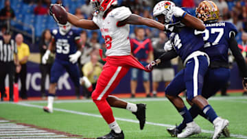 ST PETERSBURG, FLORIDA - JANUARY 18: Ja'Marcus Bradley #88 from Louisiana playing for the East Team scores during the first quarter against the West Team at the 2020 East West Shrine Bowl at Tropicana Field on January 18, 2020 in St Petersburg, Florida. (Photo by Julio Aguilar/Getty Images)