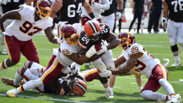 CLEVELAND, OHIO - SEPTEMBER 27: Nick Chubb #24 of the Cleveland Browns scores a 16 yard touchdown against the Washington Football Team during the second quarter in the game at FirstEnergy Stadium on September 27, 2020 in Cleveland, Ohio. (Photo by Jason Miller/Getty Images)