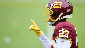 LANDOVER, MARYLAND - OCTOBER 25: Ronald Darby #23 of the Washington Football Team warms up before a game against the Dallas Cowboys at FedExField on October 25, 2020 in Landover, Maryland. (Photo by Patrick McDermott/Getty Images)