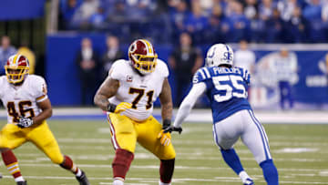 INDIANAPOLIS, IN - NOVEMBER 30: Trent Williams #71 of the Washington Redskins blocks against the Indianapolis Colts during the game at Lucas Oil Stadium on November 30, 2014 in Indianapolis, Indiana. The Colts defeated the Redskins 49-27. (Photo by Joe Robbins/Getty Images)
