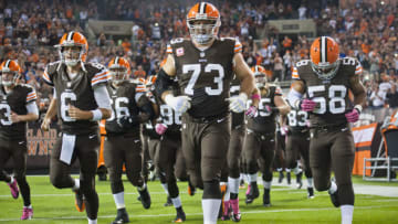 CLEVELAND, OH - OCTOBER 3: Tackle Joe Thomas #73 of the Cleveland Browns runs out with the team during the team introduction prior to the game against the Buffalo Bills at FirstEnergy Stadium on October 3, 2013 in Cleveland, Ohio. (Photo by Jason Miller/Getty Images)