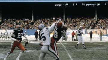 Cleveland Browns defensive back Ron Bolton intercepts a pass during the Browns 14-12 loss to the Oakland Raiders in the 1980 AFC Divisional Playoff Game on January 4, 1981 at Cleveland Municipal Stadium in Cleveland, Ohio. (Photo by Dennis Collins/Getty Images) *** Local Caption ***